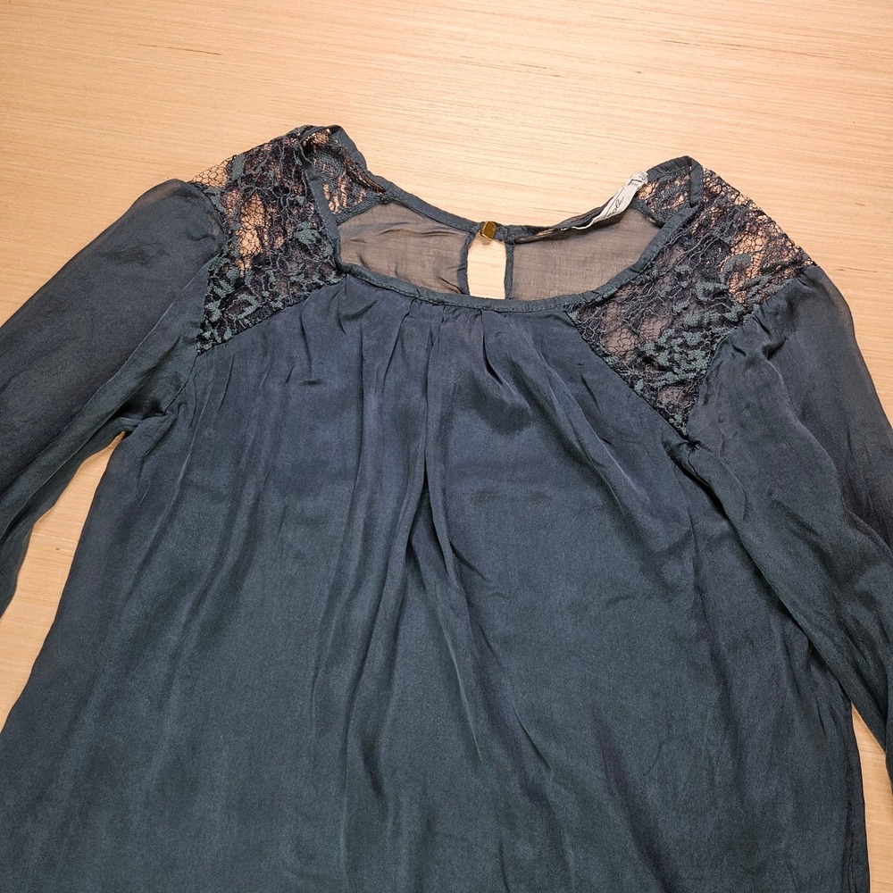 Boho Sheer Blouse Women XS Blue Silk Vicolo‎ Lace Shoulder Long Sleeve Keyhole